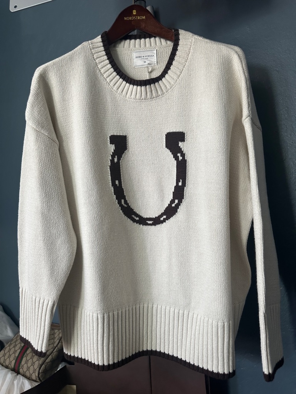 SOHO & STELLA horseshoe Cream Sweater with Brown Trim preppy - Picture 5 of 5